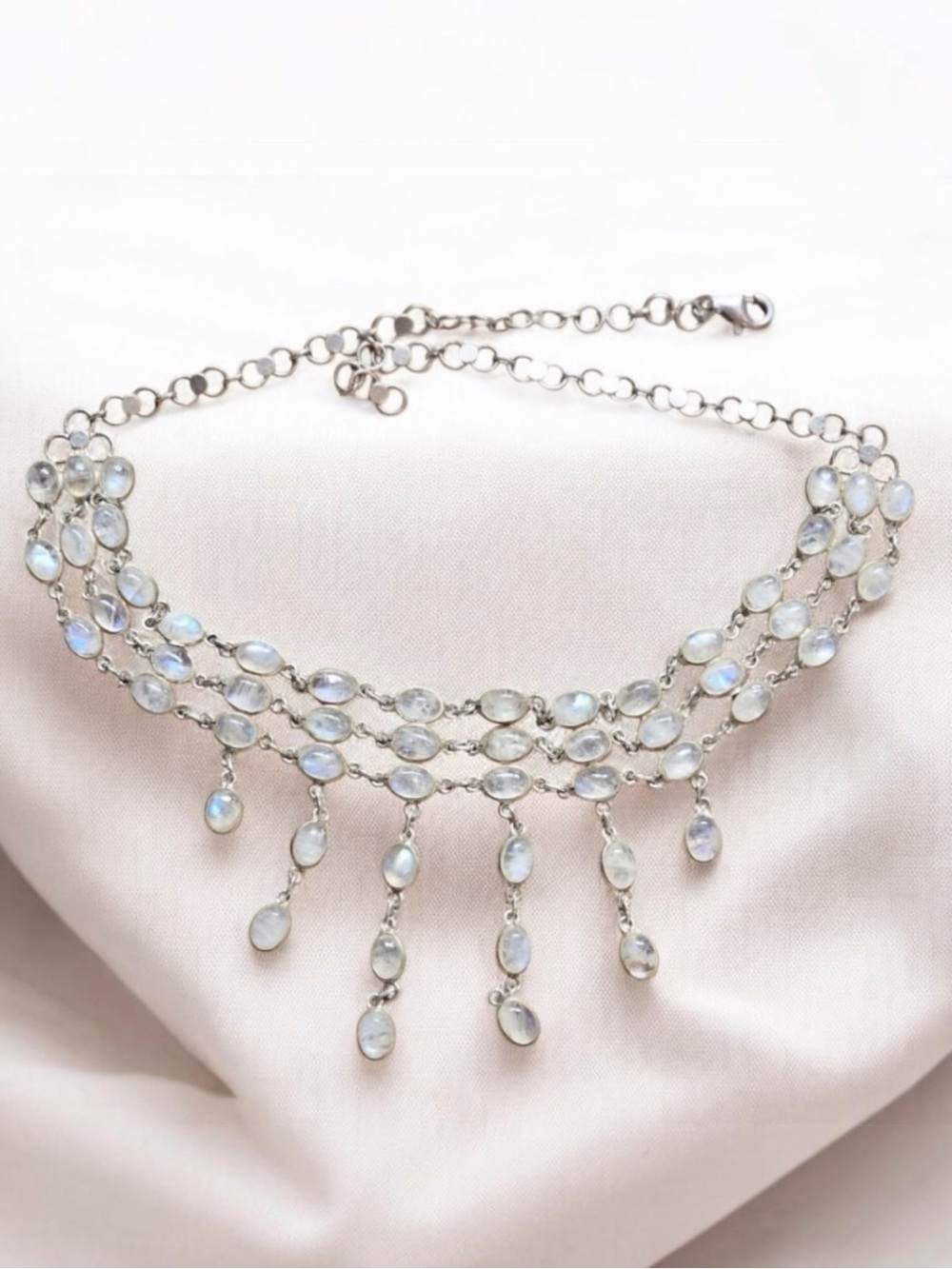 Vintage Sterling Silver Rainbow Moonstone Choker Necklace